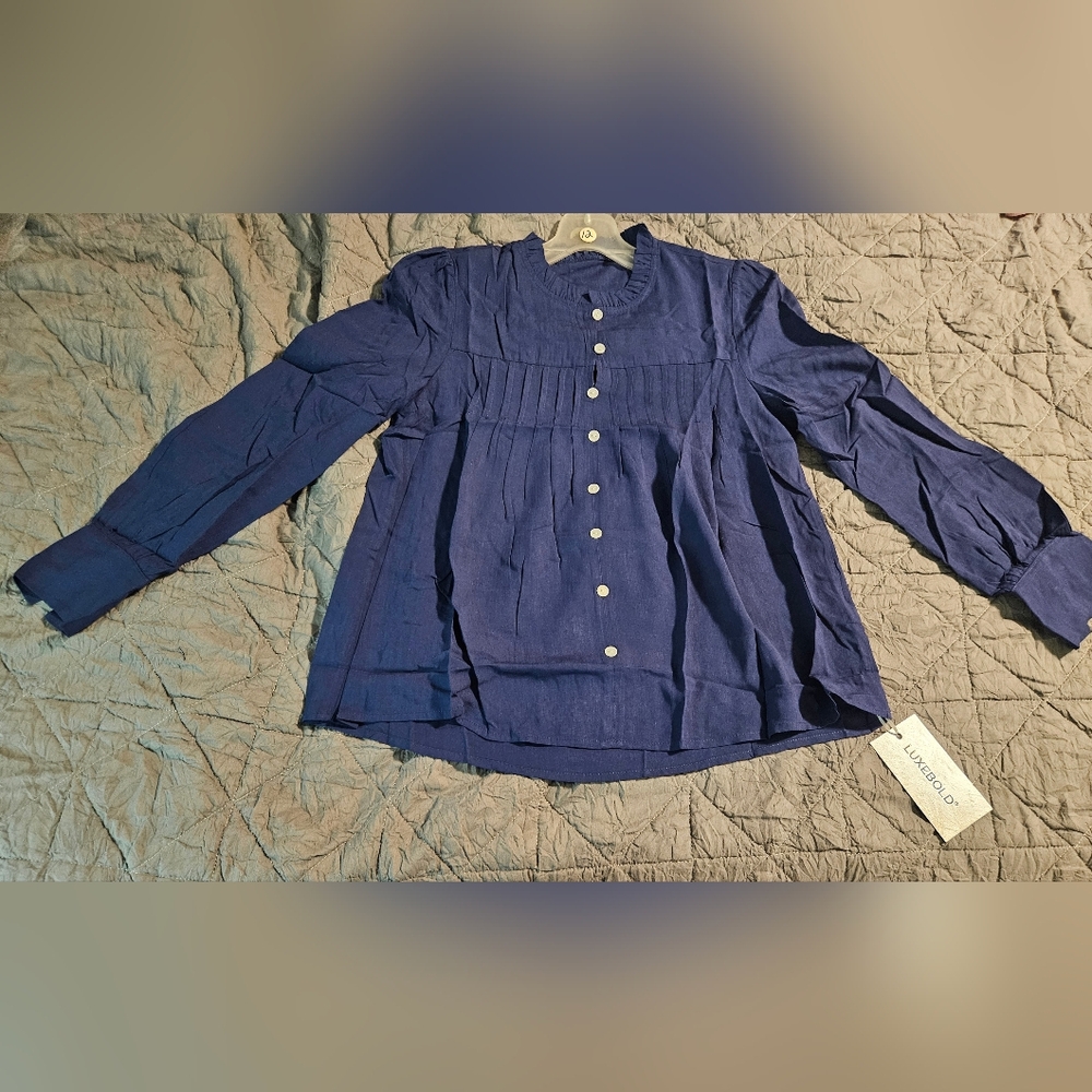 Luxebold Navy Blue Button-Up Blouse, Small